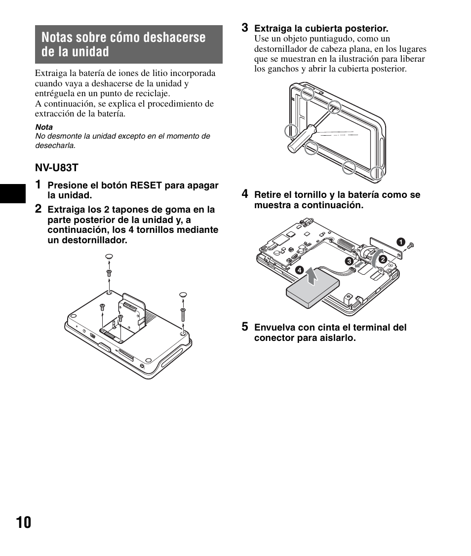 Notas sobre cómo deshacerse de la unidad | Sony NV-U83T User Manual | Page 40 / 48