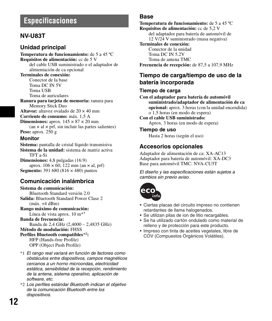 Especificaciones, Nv-u83t | Sony NV-U83T User Manual | Page 42 / 48