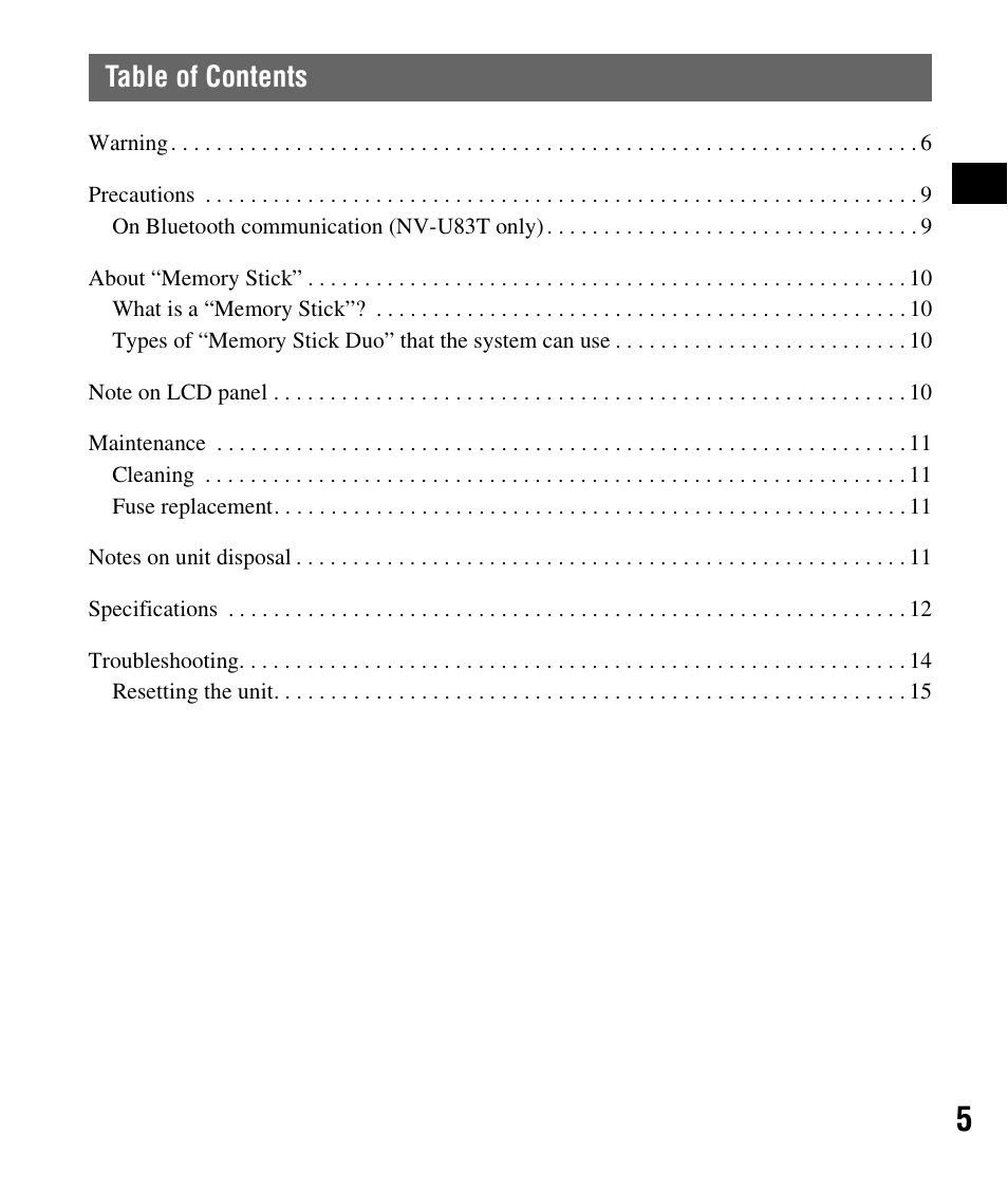 Sony NV-U83T User Manual | Page 5 / 48