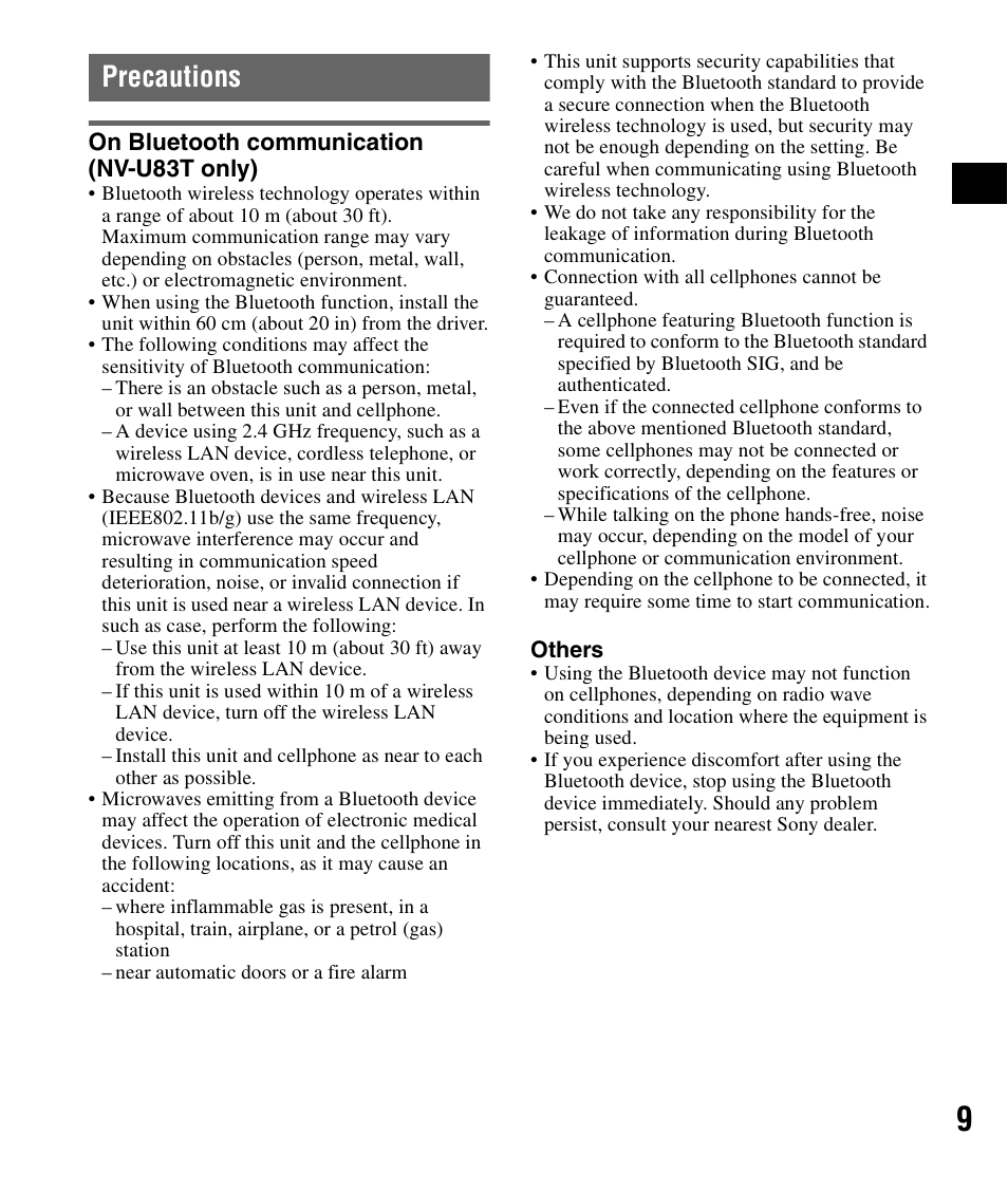 Precautions, On bluetooth communication (nv-u83t only) | Sony NV-U83T User Manual | Page 9 / 48