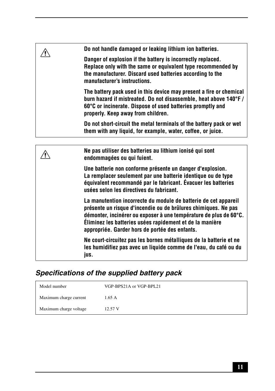 Specifications of the supplied battery pack | Sony VPCS134GX User Manual | Page 11 / 28