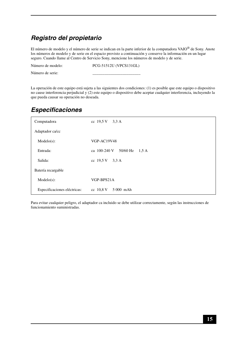 Registro del propietario, Especificaciones | Sony VPCS134GX User Manual | Page 15 / 28