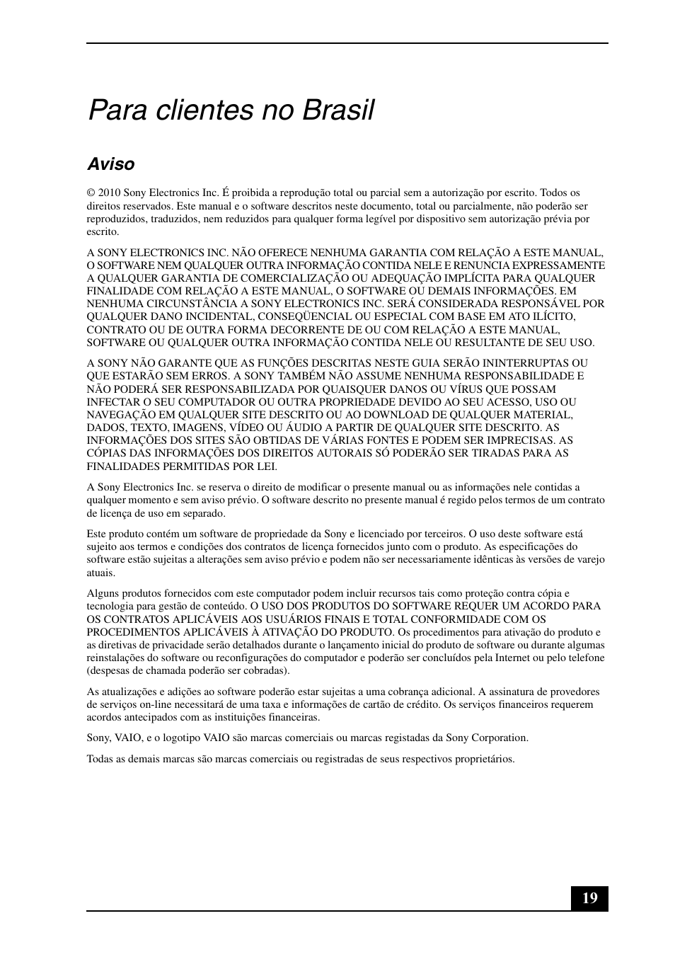 Para clientes no brasil, Aviso | Sony VPCS134GX User Manual | Page 19 / 28