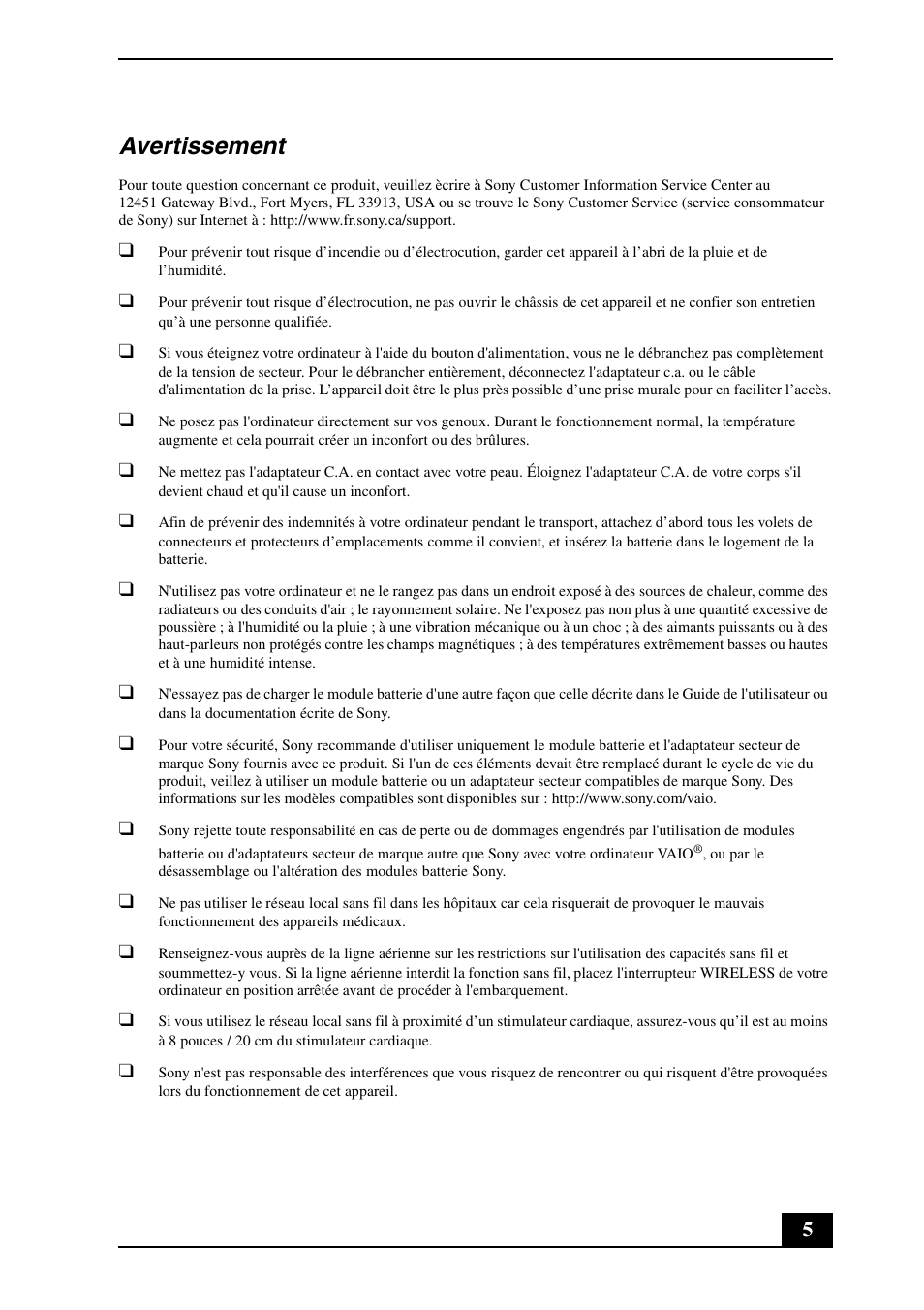 Avertissement | Sony VPCS134GX User Manual | Page 5 / 28