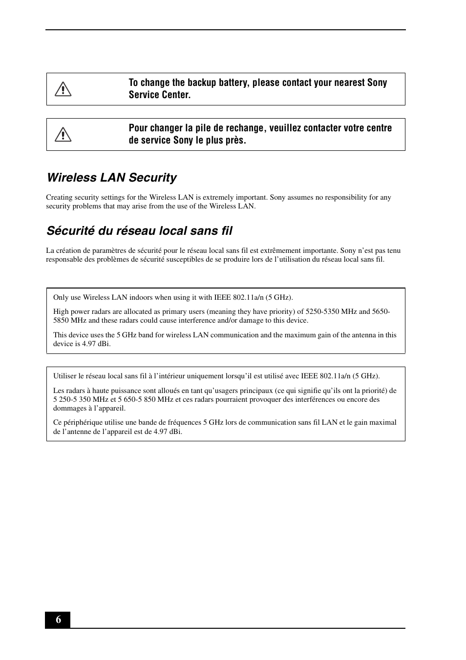 Wireless lan security, Sécurité du réseau local sans fil | Sony VPCS134GX User Manual | Page 6 / 28