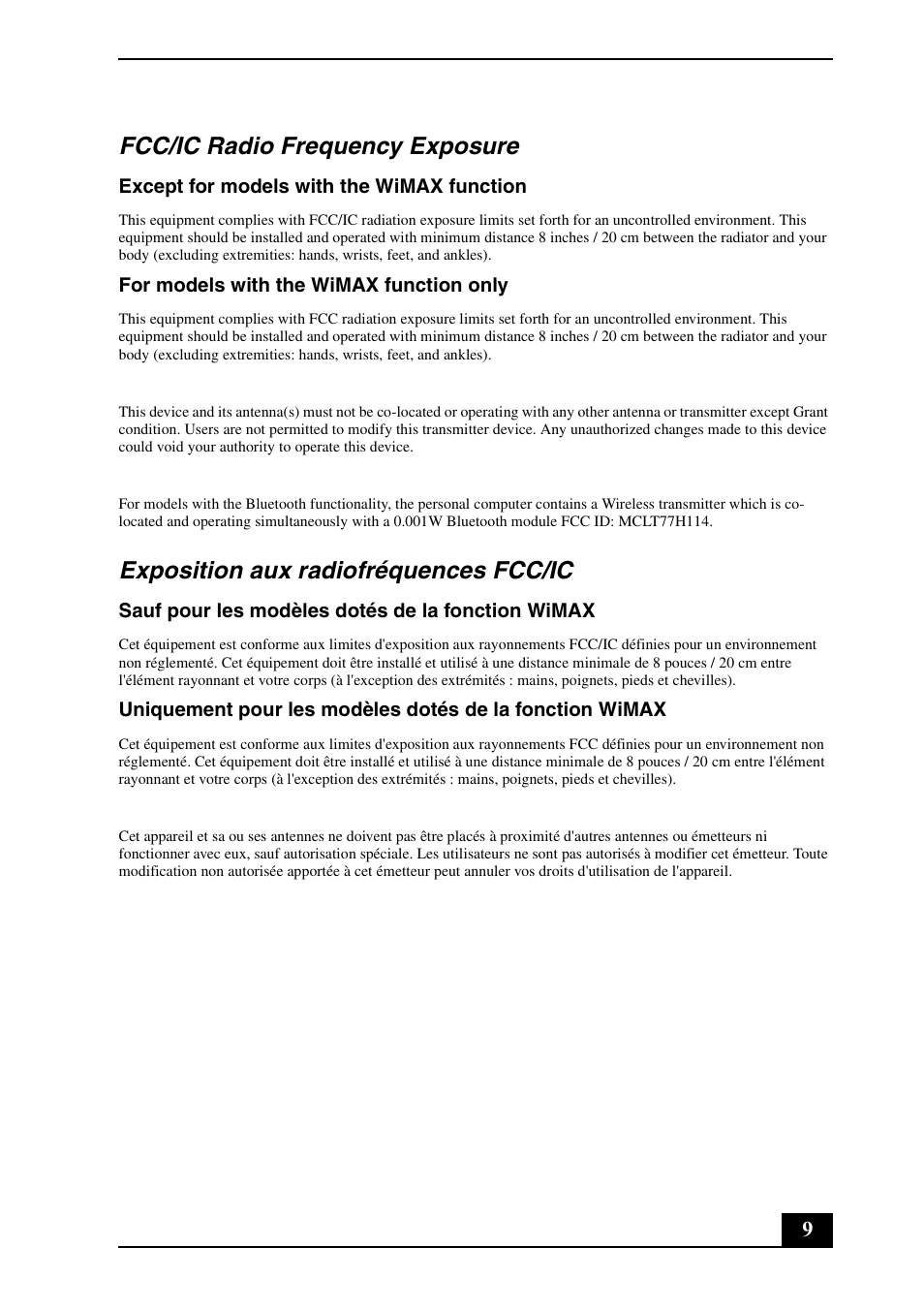 Fcc/ic radio frequency exposure, Exposition aux radiofréquences fcc/ic | Sony VPCS134GX User Manual | Page 9 / 28