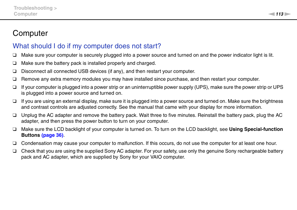 Computer, What should i do if my computer does not start | Sony VGN-NW320F User Manual | Page 113 / 151