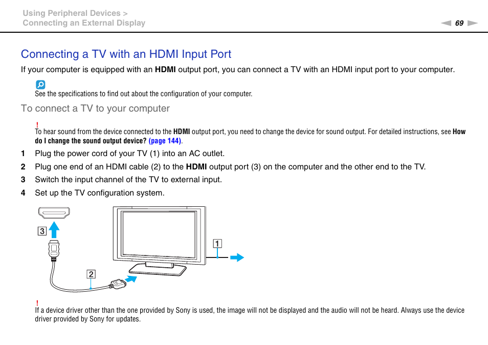 Connecting a tv with an hdmi input port | Sony VGN-NW320F User Manual | Page 69 / 151