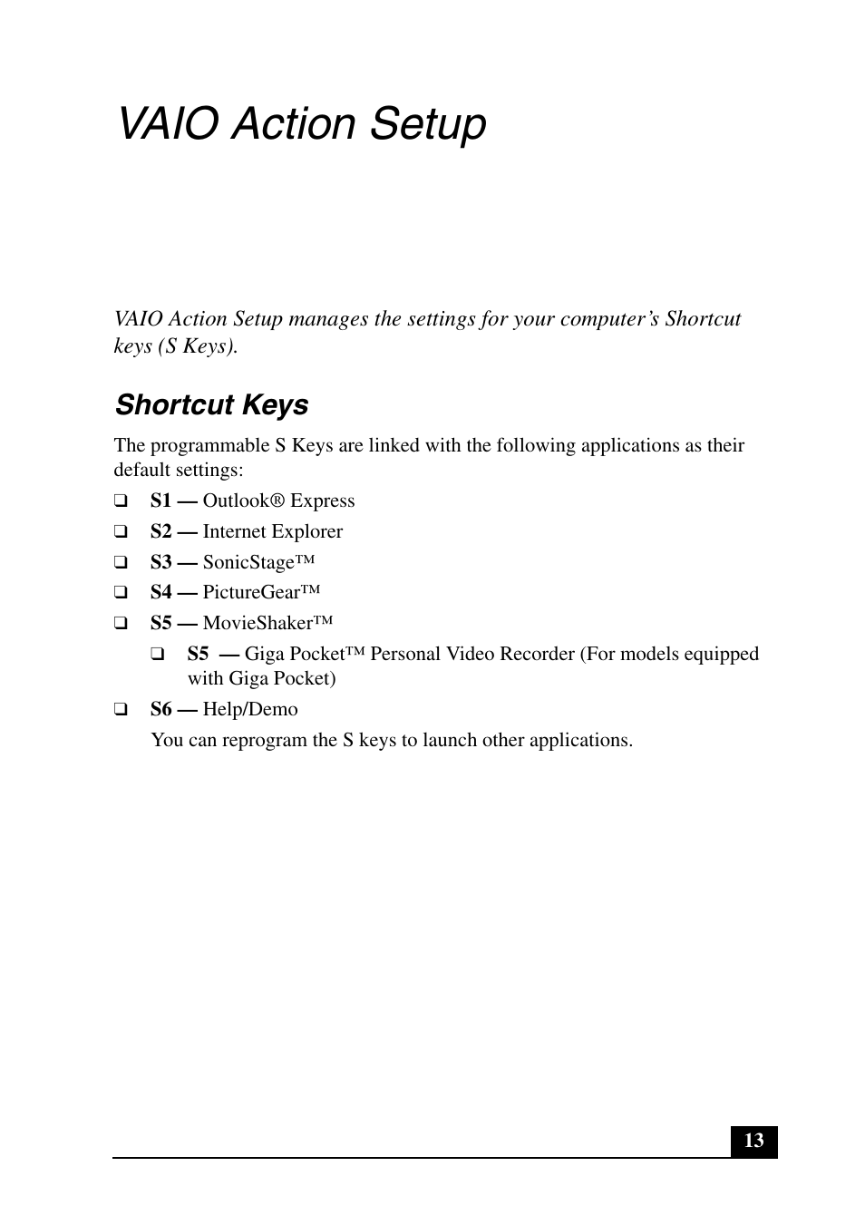 Vaio action setup, Shortcut keys | Sony PCV-RX690G User Manual | Page 13 / 100