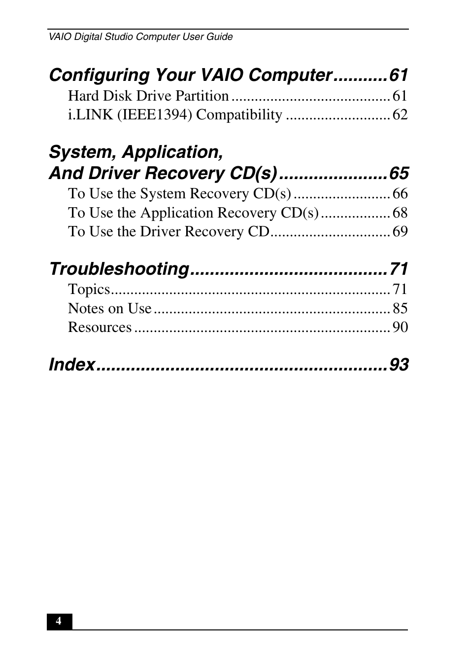 Configuring your vaio computer, System, application, and driver recovery cd(s), Troubleshooting | Index | Sony PCV-RX690G User Manual | Page 4 / 100