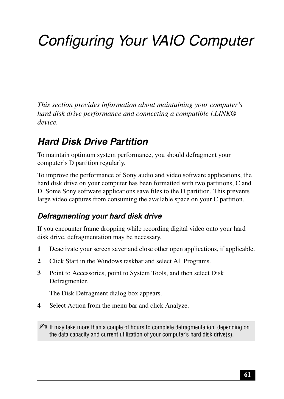 Configuring your vaio computer, Hard disk drive partition | Sony PCV-RX690G User Manual | Page 61 / 100