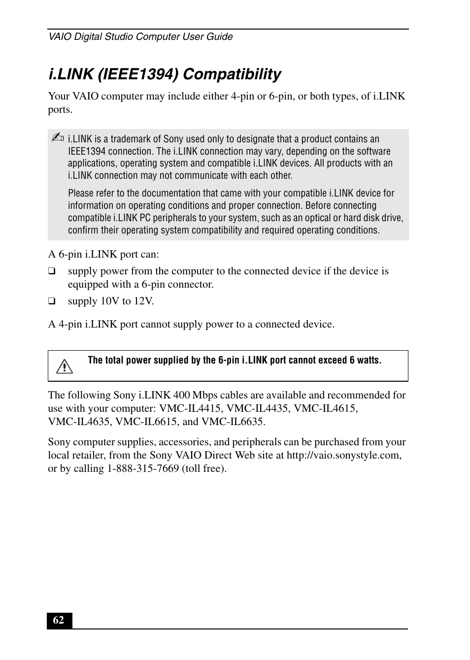 I.link (ieee1394) compatibility | Sony PCV-RX690G User Manual | Page 62 / 100