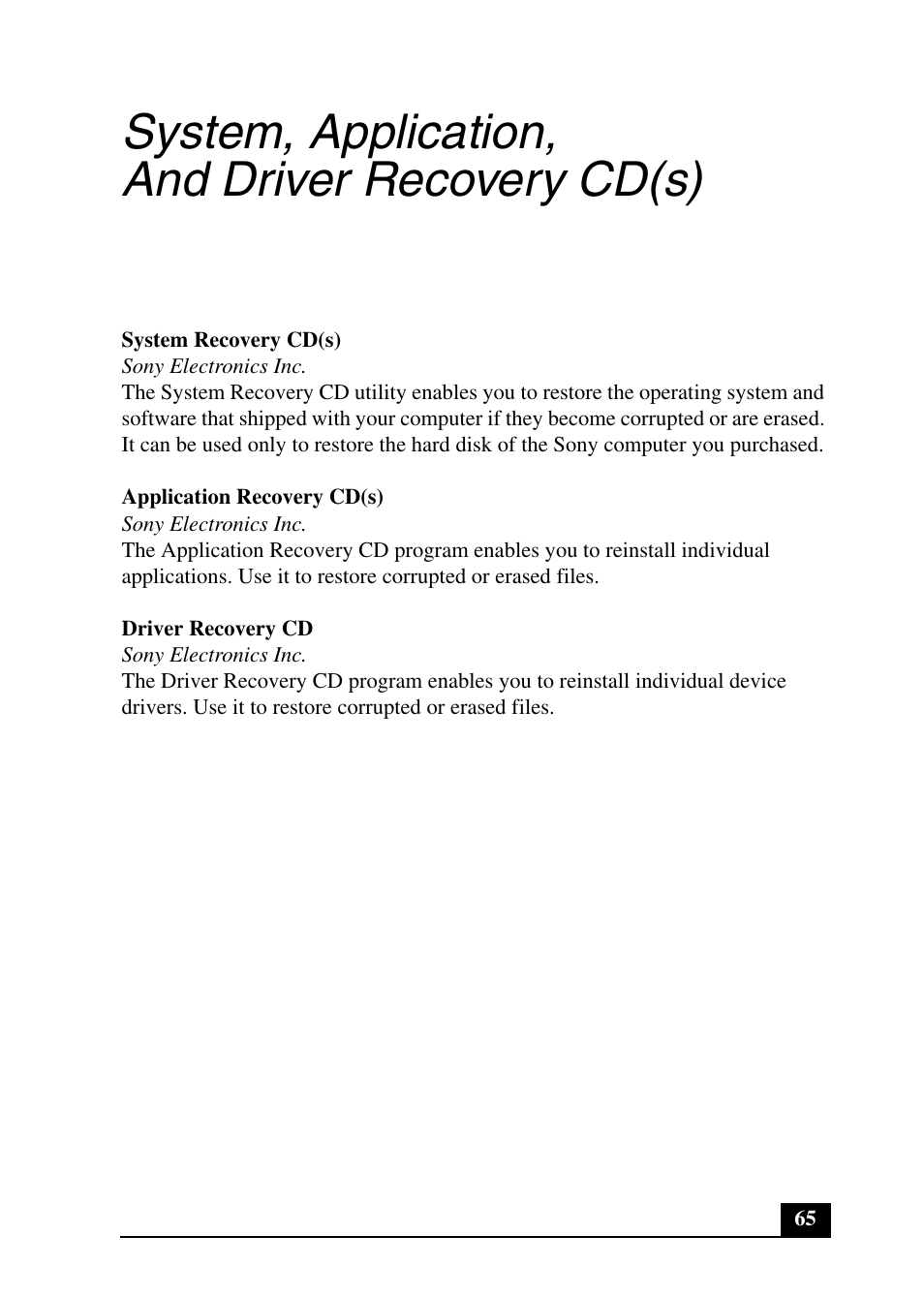 System, application, and driver recovery cd(s) | Sony PCV-RX690G User Manual | Page 65 / 100