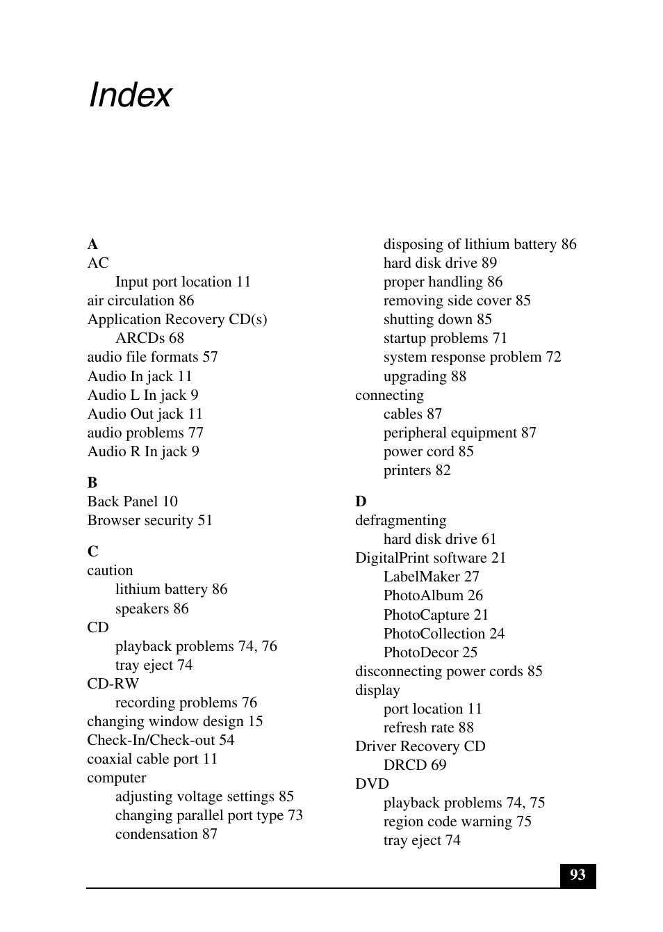 Index | Sony PCV-RX690G User Manual | Page 93 / 100