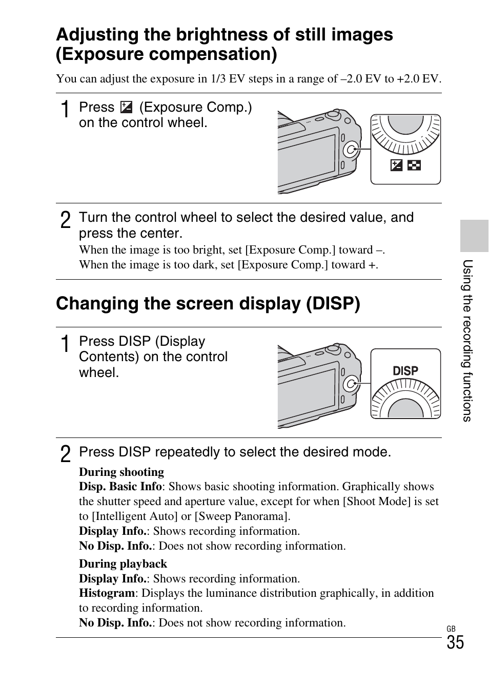 Changing the screen display (disp), Adjusting the brightness of still images (exposure, Compensation) changing the screen display (disp) | Sony NEX-C3A User Manual | Page 35 / 85