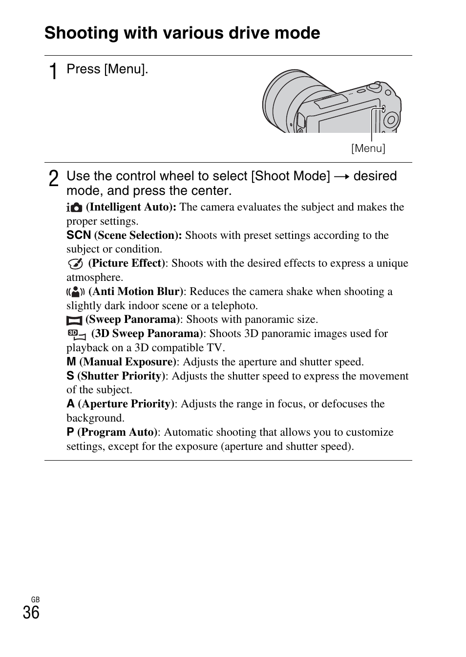 Shooting with various drive mode, 36 shooting with various drive mode | Sony NEX-C3A User Manual | Page 36 / 85