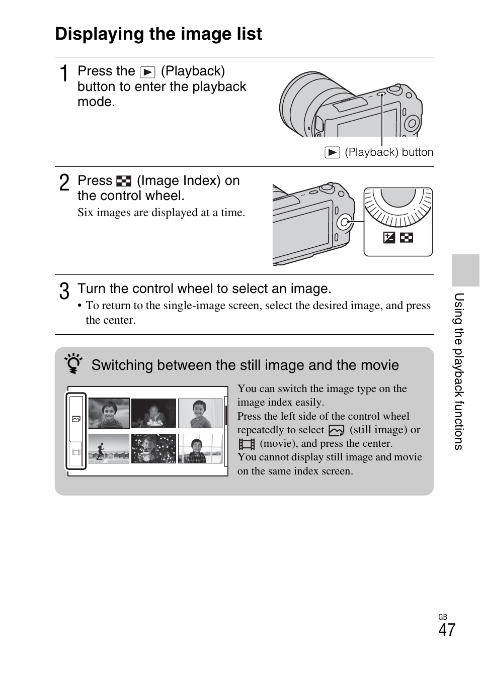 Displaying the image list | Sony NEX-C3A User Manual | Page 47 / 85