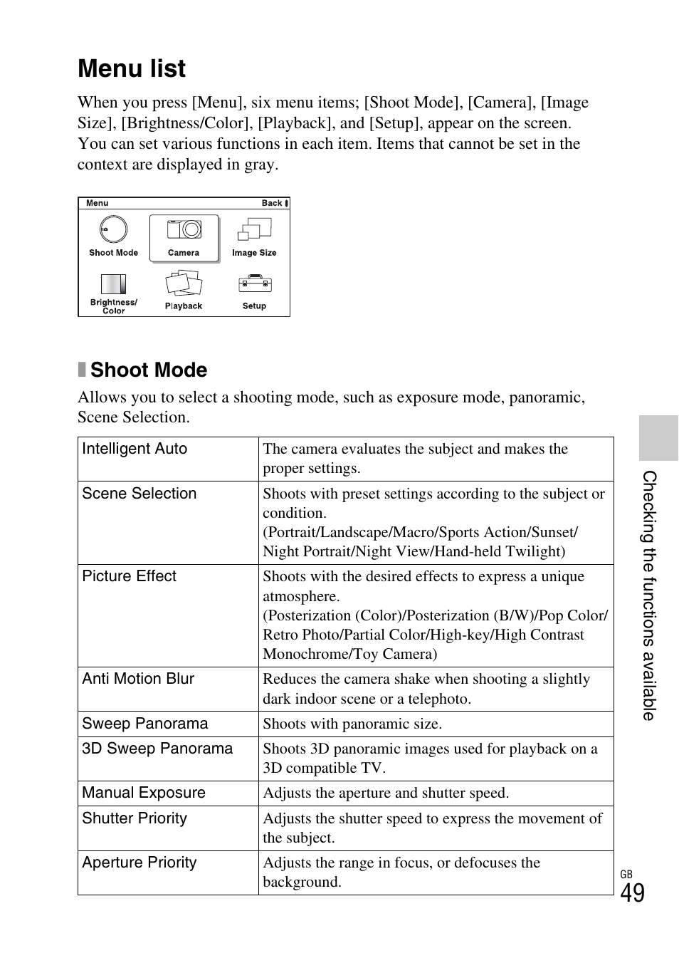 Checking the functions available, Menu list, Xshoot mode | Sony NEX-C3A User Manual | Page 49 / 85