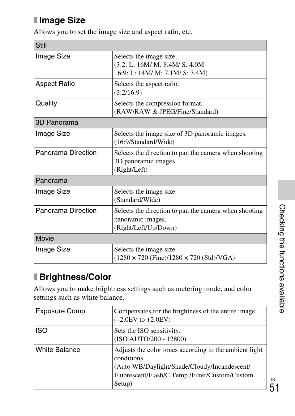 Ximage size, Xbrightness/color | Sony NEX-C3A User Manual | Page 51 / 85