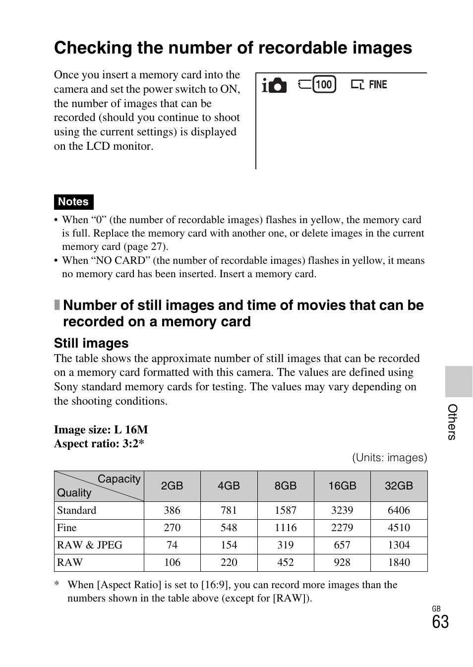 Others, Checking the number of recordable images, Still images | Sony NEX-C3A User Manual | Page 63 / 85