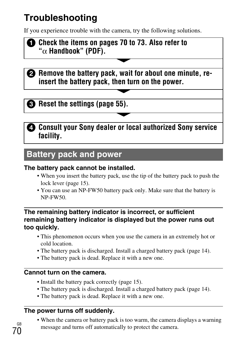 Troubleshooting, 70 troubleshooting, Battery pack and power | Sony NEX-C3A User Manual | Page 70 / 85