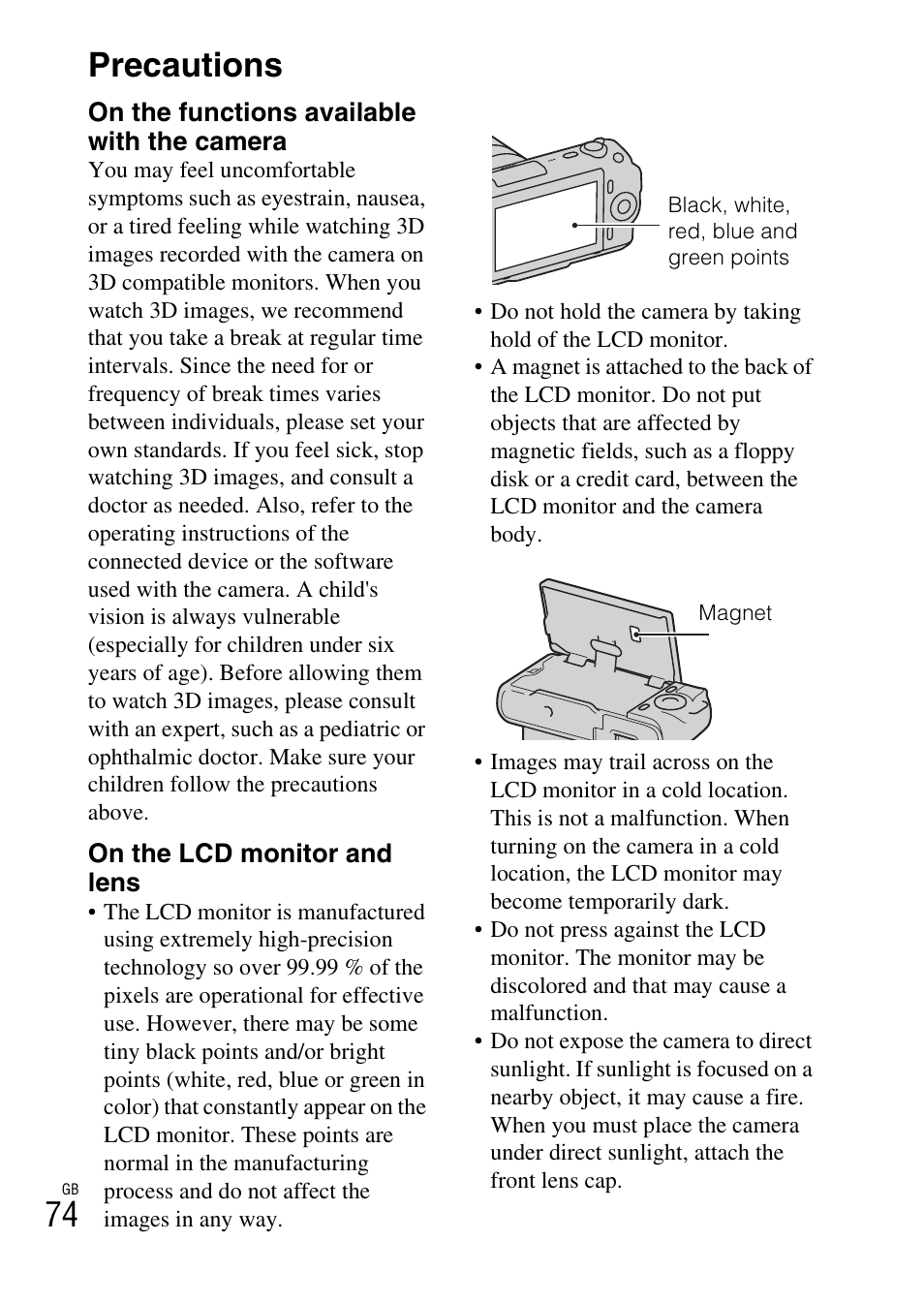 Precautions, 74 precautions | Sony NEX-C3A User Manual | Page 74 / 85