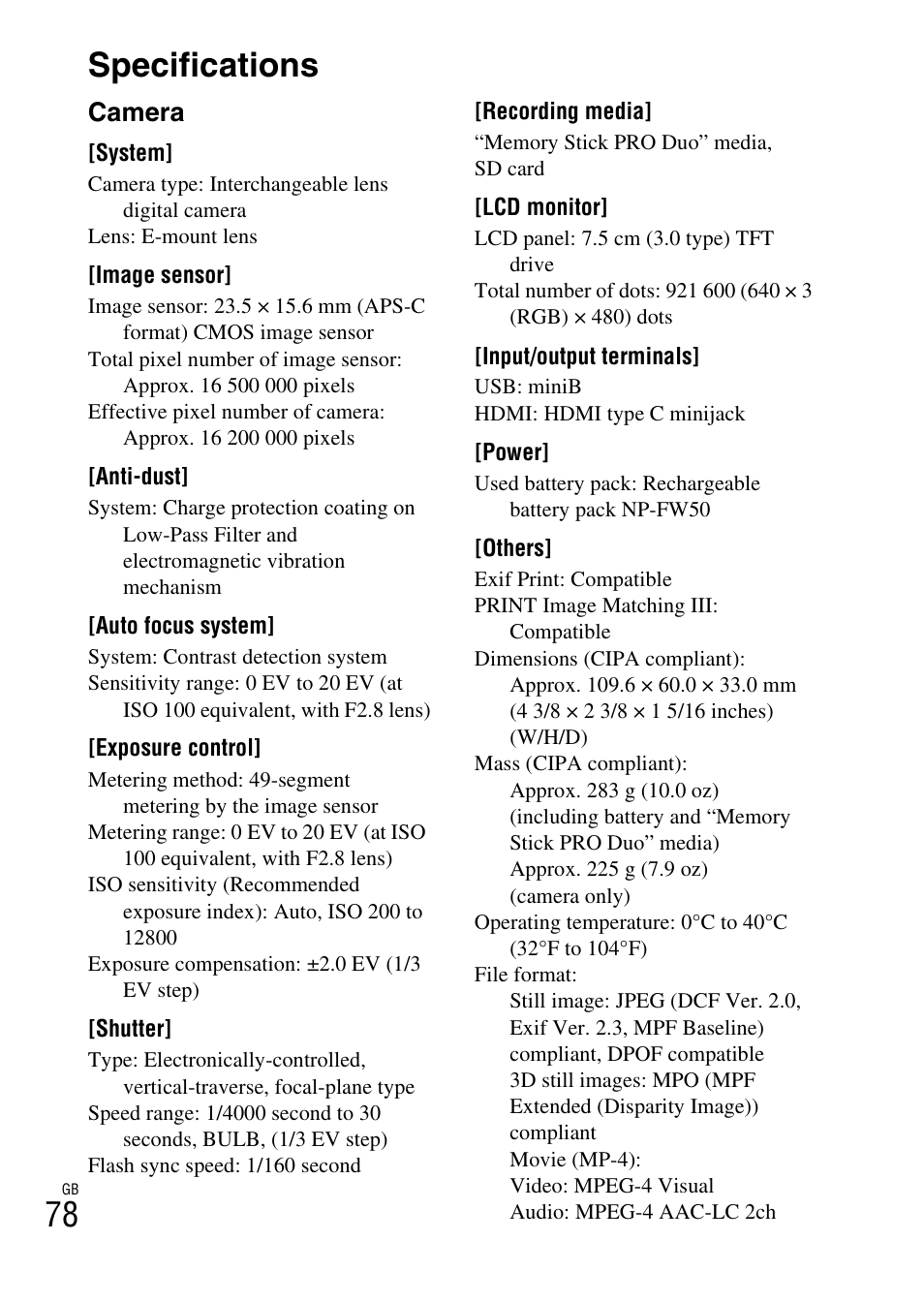 Specifications, 78 specifications, Camera | Sony NEX-C3A User Manual | Page 78 / 85