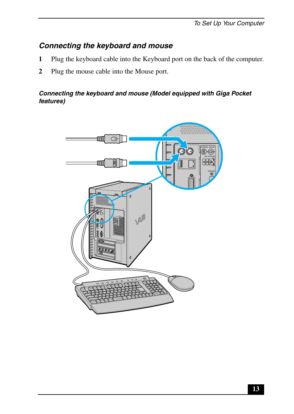 Connecting the keyboard and mouse | Sony PCV-RX690G User Manual | Page 13 / 36