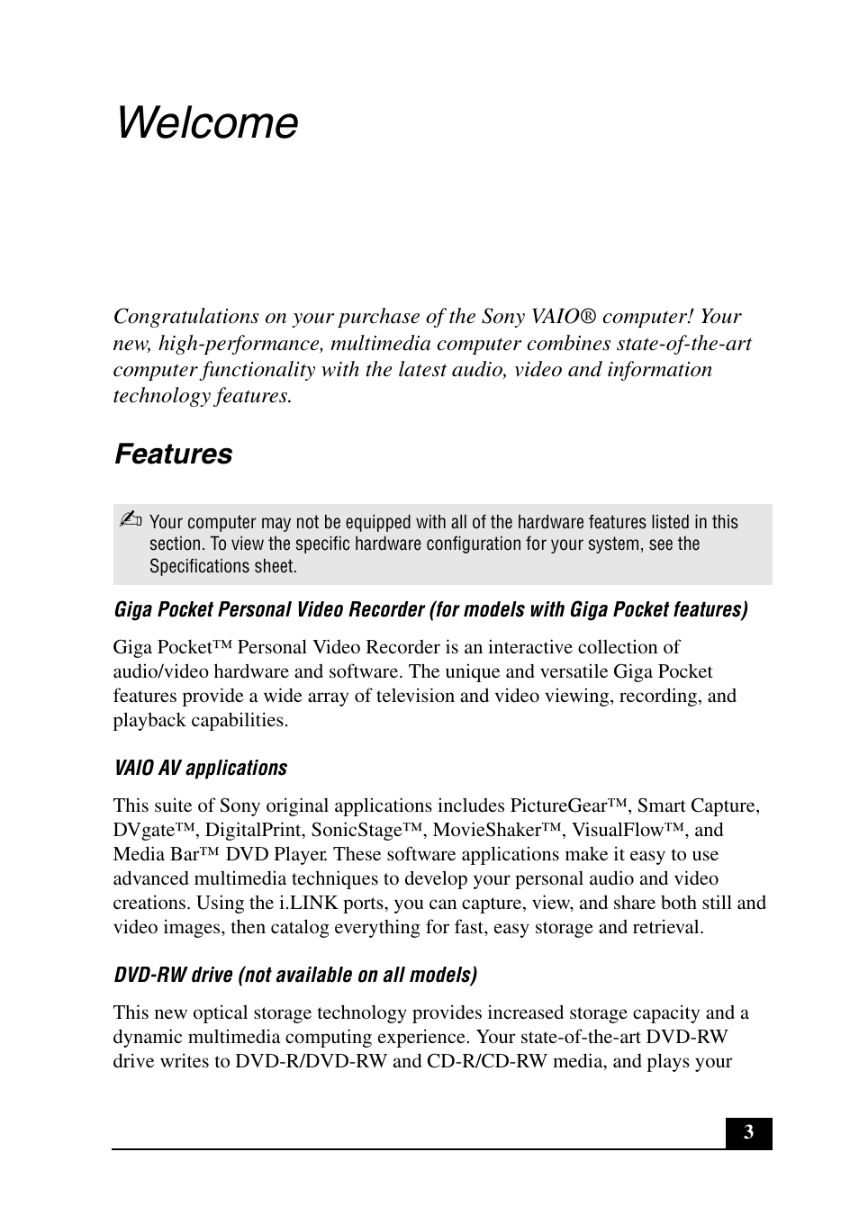 Welcome, Features | Sony PCV-RX690G User Manual | Page 3 / 36