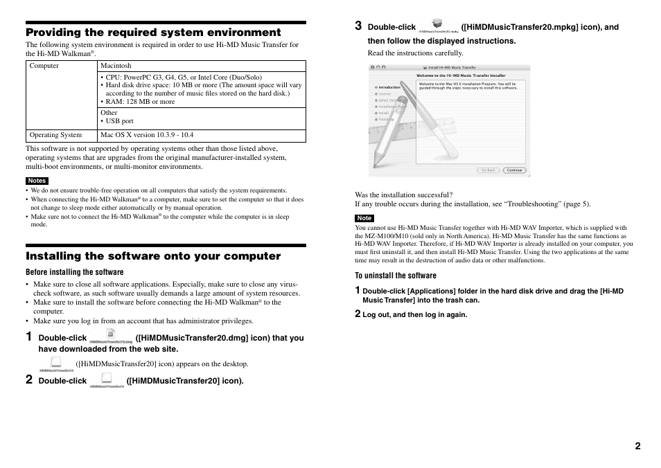 Providing the required system environment, Installing the software onto your computer | Sony MZ-M100 User Manual | Page 2 / 6