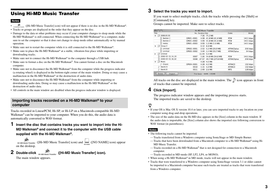 Using hi-md music transfer, Importing tracks recorded on a hi-md walkman | Sony MZ-M100 User Manual | Page 3 / 6