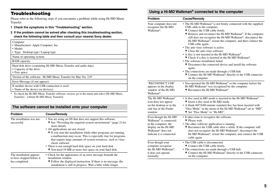 Troubleshooting, Using a hi-md walkman® connected to the computer, Using a hi-md walkman | Connected to the computer | Sony MZ-M100 User Manual | Page 5 / 6