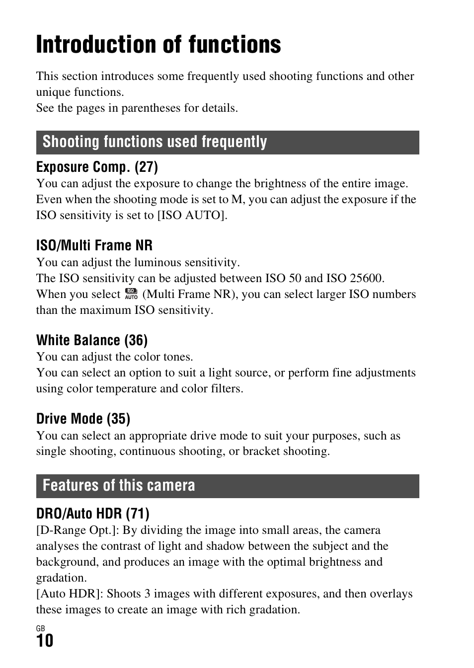 Introduction of functions | Sony ILCE-7R User Manual | Page 10 / 96