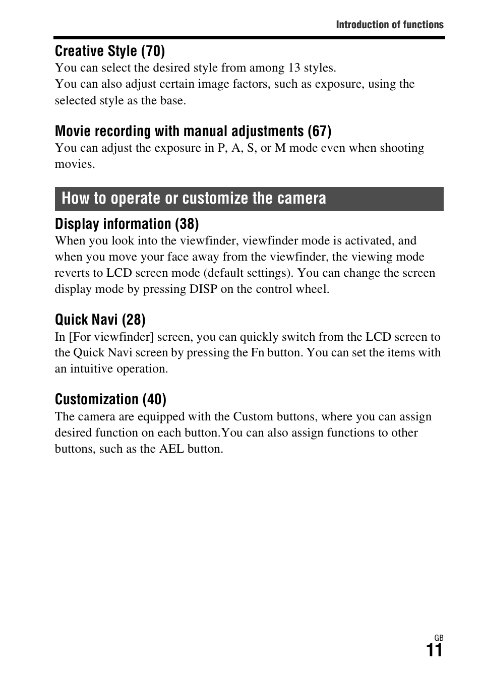 How to operate or customize the camera | Sony ILCE-7R User Manual | Page 11 / 96