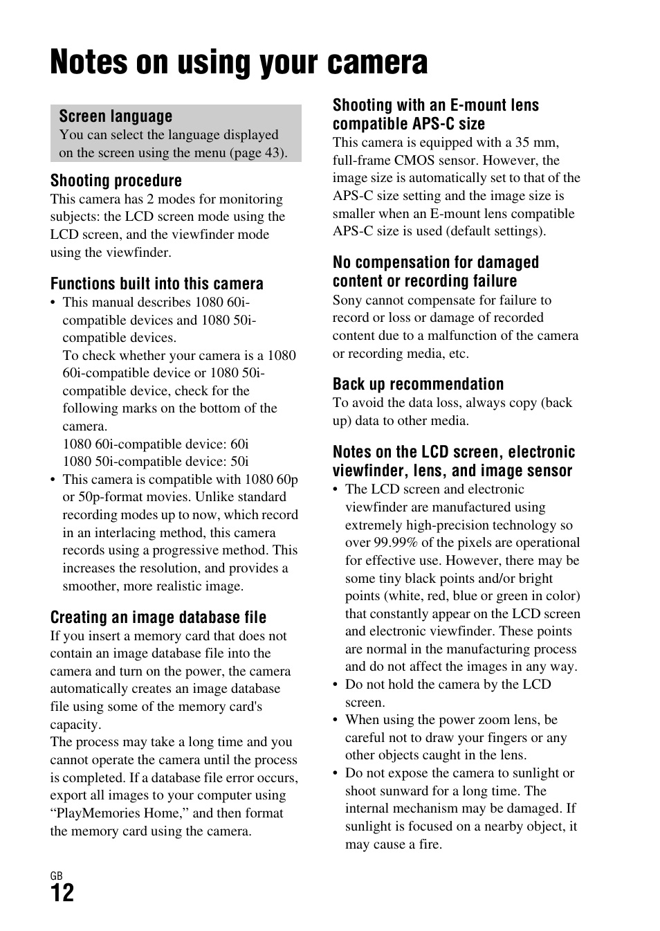 Before use, Notes on using your camera | Sony ILCE-7R User Manual | Page 12 / 96