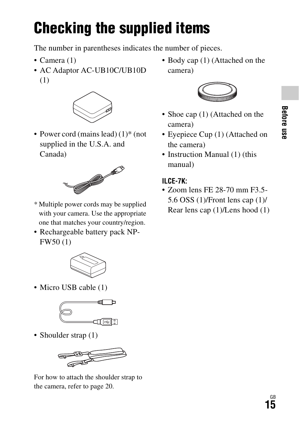 Checking the supplied items, Before use | Sony ILCE-7R User Manual | Page 15 / 96