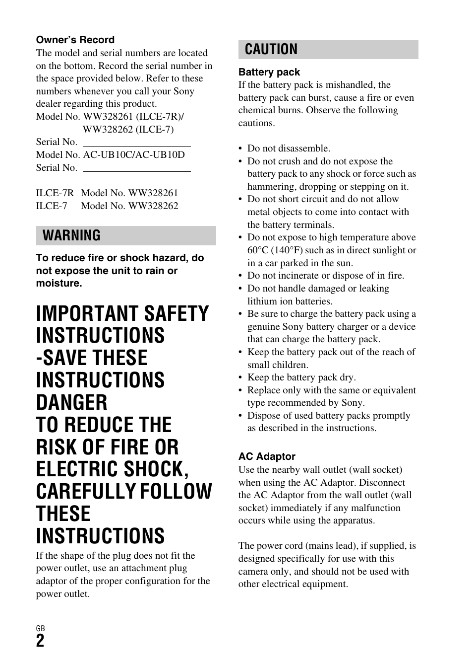 Warning caution | Sony ILCE-7R User Manual | Page 2 / 96