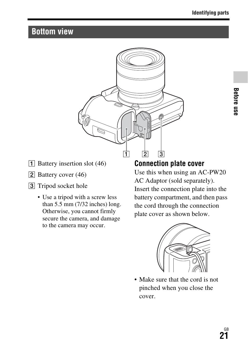 Bottom view, Connection plate cover | Sony ILCE-7R User Manual | Page 21 / 96