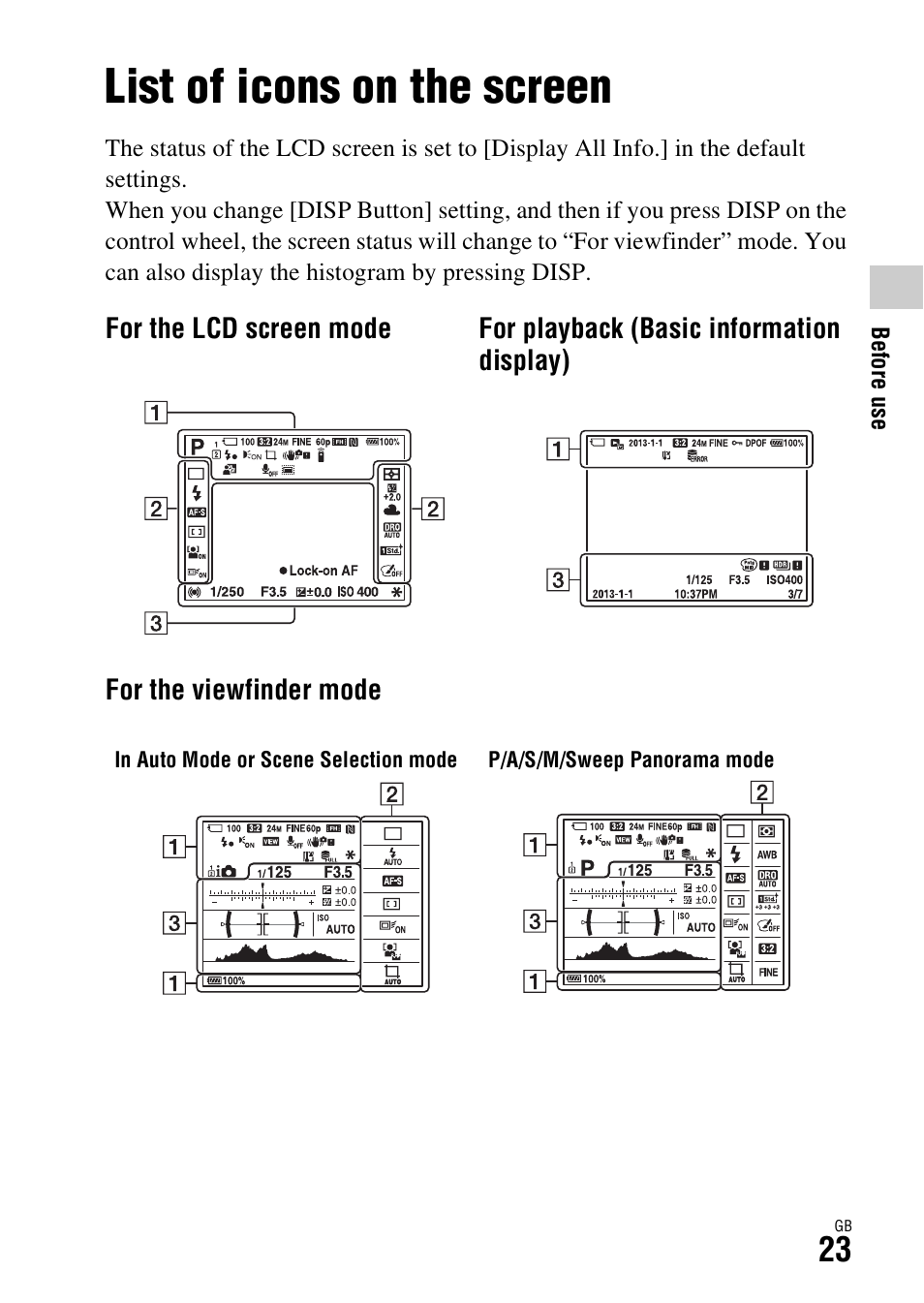 List of icons on the screen | Sony ILCE-7R User Manual | Page 23 / 96