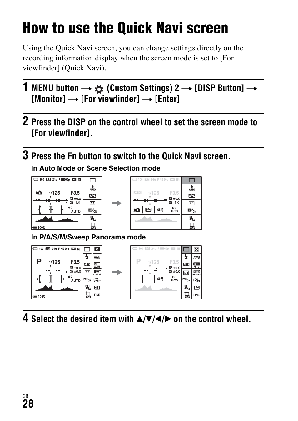 How to use the quick navi screen | Sony ILCE-7R User Manual | Page 28 / 96