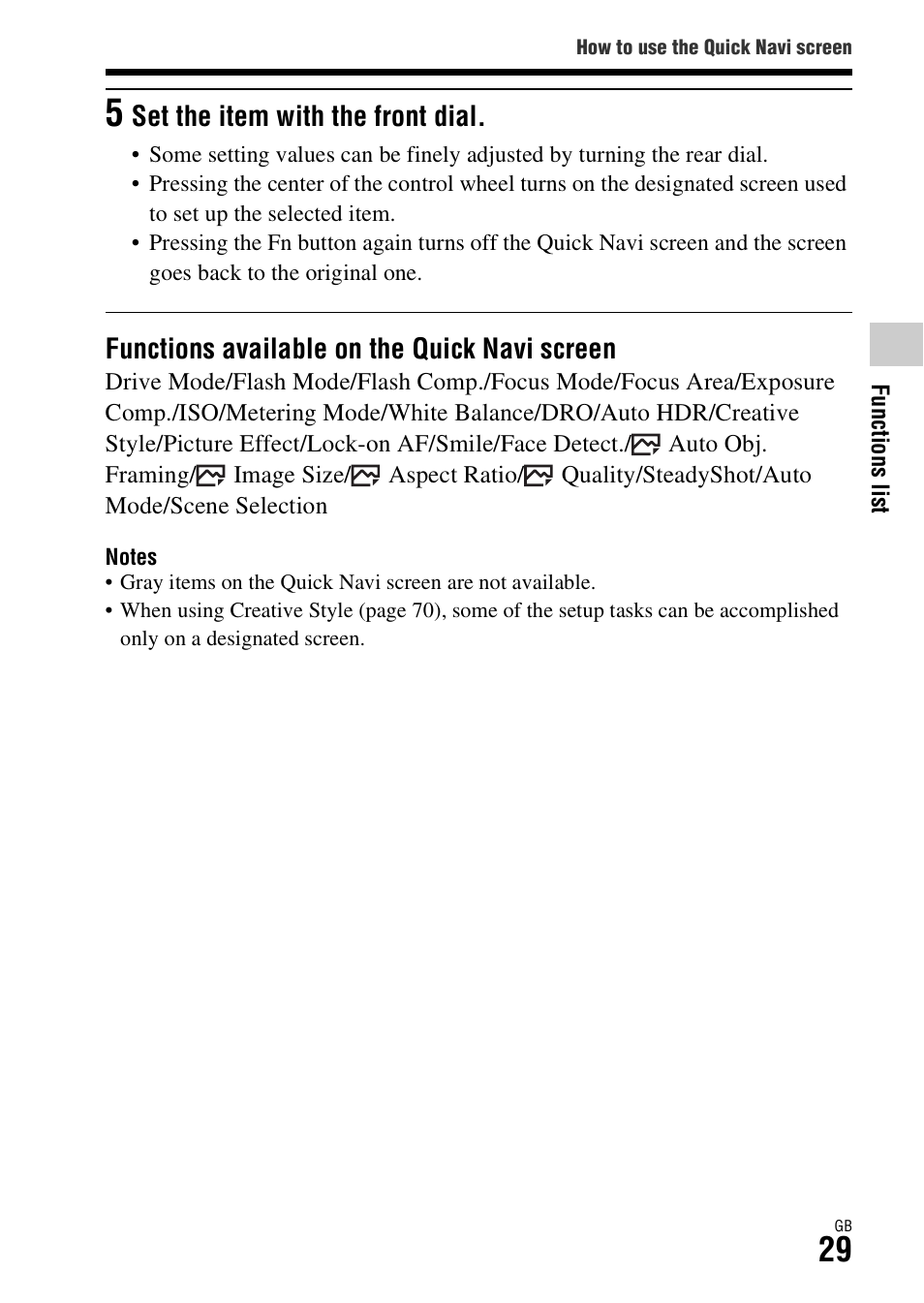 Functions available on the quick navi screen, Set the item with the front dial | Sony ILCE-7R User Manual | Page 29 / 96