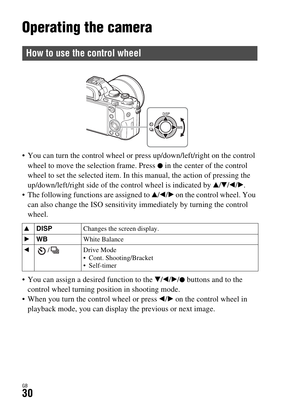 Operating the camera, How to use the control wheel | Sony ILCE-7R User Manual | Page 30 / 96