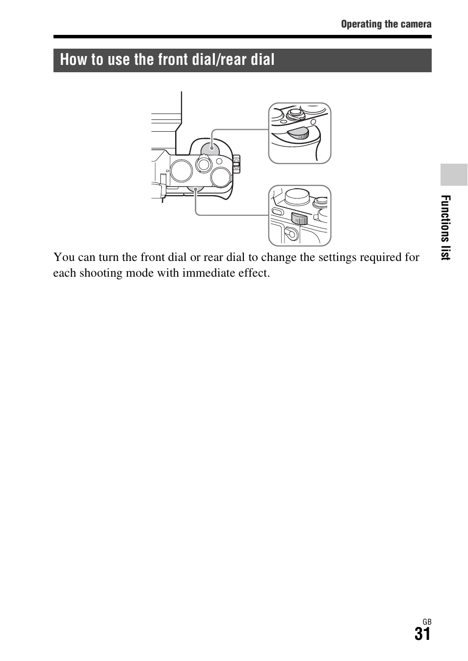 How to use the front dial/rear dial | Sony ILCE-7R User Manual | Page 31 / 96