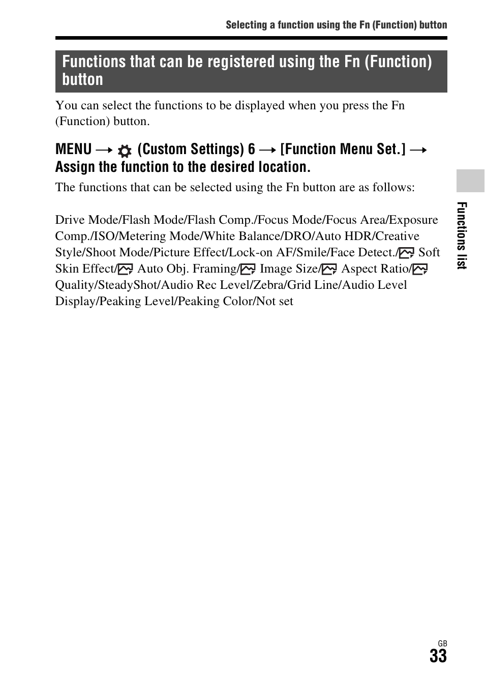 Functions that can be registered using the fn, Function) button | Sony ILCE-7R User Manual | Page 33 / 96