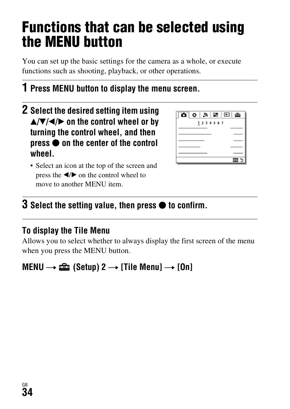 Functions that can be selected using the menu, Button | Sony ILCE-7R User Manual | Page 34 / 96