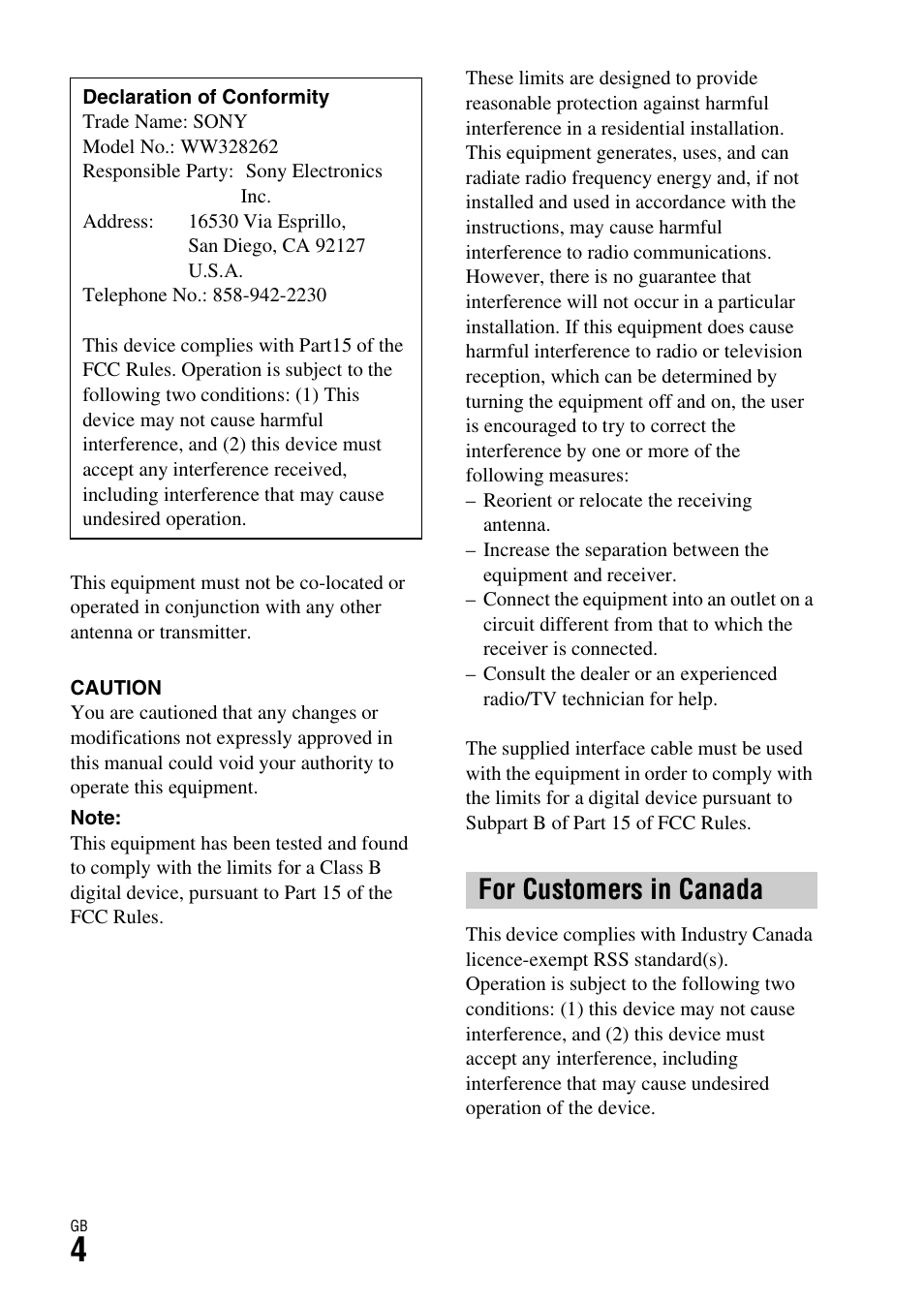 For customers in canada | Sony ILCE-7R User Manual | Page 4 / 96