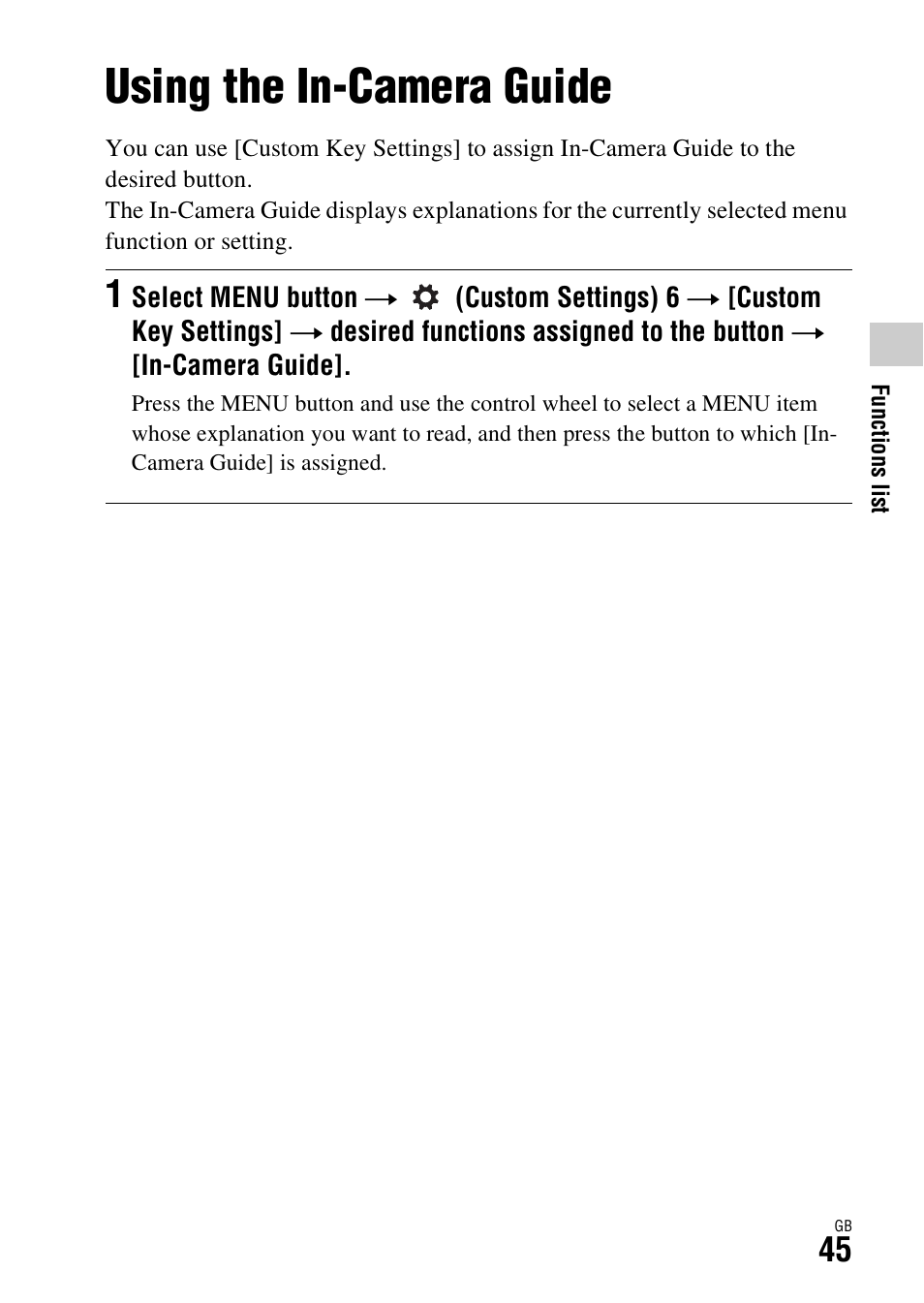 Using the in-camera guide | Sony ILCE-7R User Manual | Page 45 / 96