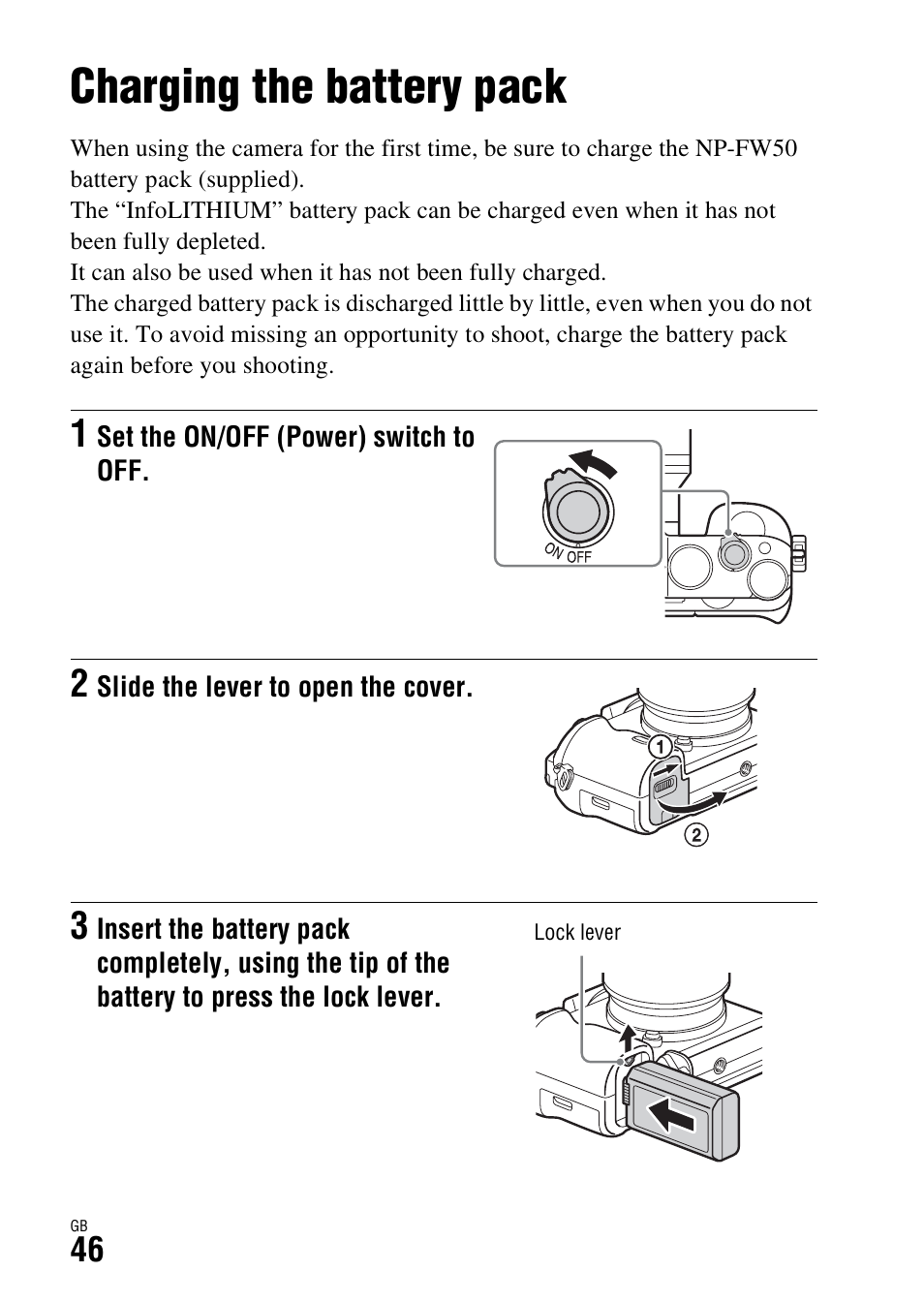 Preparing the camera, Charging the battery pack | Sony ILCE-7R User Manual | Page 46 / 96