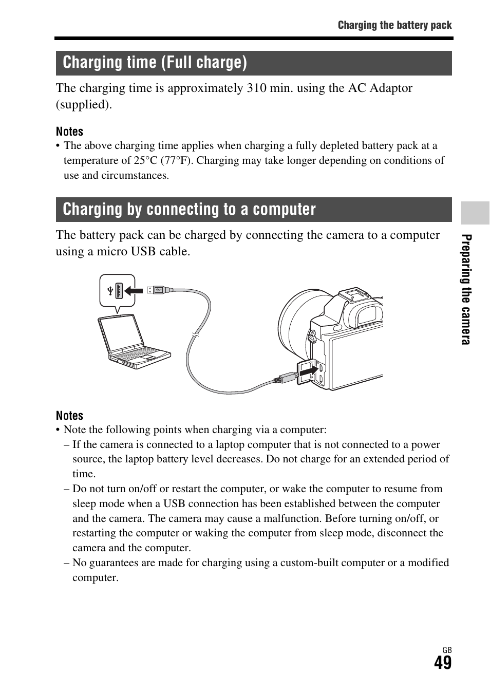 Charging time (full charge), Charging by connecting to a computer | Sony ILCE-7R User Manual | Page 49 / 96