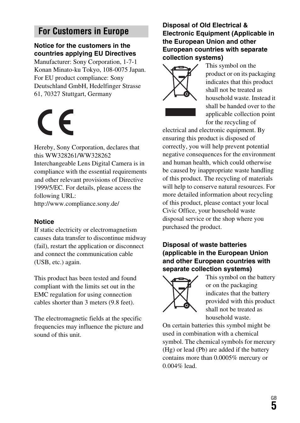 For customers in europe | Sony ILCE-7R User Manual | Page 5 / 96